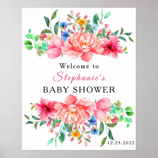 Elegant Baby shower Roze Roze Bloem Poster (Voorkant)