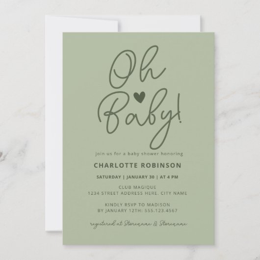 Elegant Baby shower Script Modern Sage Green Kaart (Voorkant)