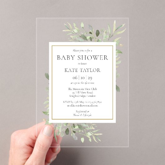 Elegant Baby shower Sprinkle Waterverf Greenery Acryl Uitnodigingen (Insitu (Draagbaar))