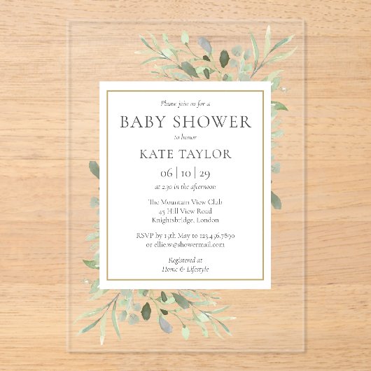 Elegant Baby shower Sprinkle Waterverf Greenery Acryl Uitnodigingen (Voorkant)
