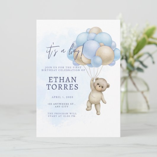 Elegant baby shower uitnodiging schattig beer (Staand voorkant)
