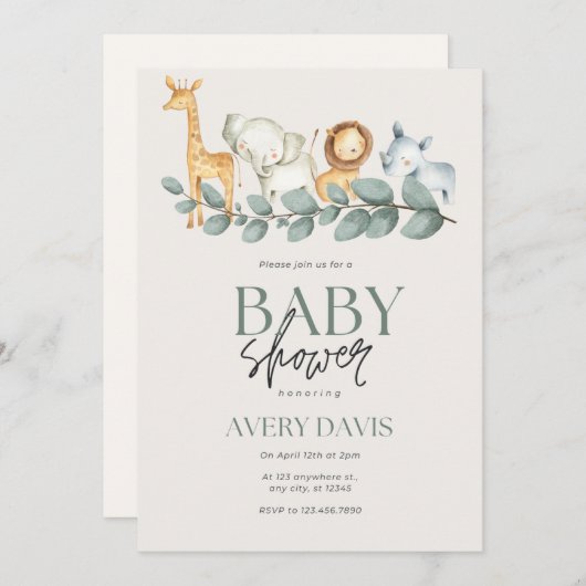 Elegant baby shower uitnodiging schattige dieren (Voorkant / Achterkant)