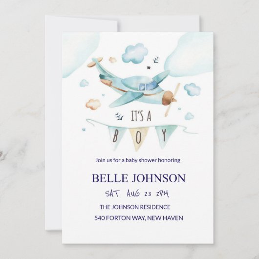 Elegant Baby shower Uitnodiging - Vliegtuigthema (Voorkant)
