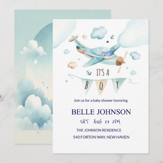 Elegant Baby shower Uitnodiging - Vliegtuigthema (Voorkant / Achterkant)