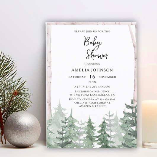 Elegant Baby shower Waterverf Pine-Tree Winter Kaart