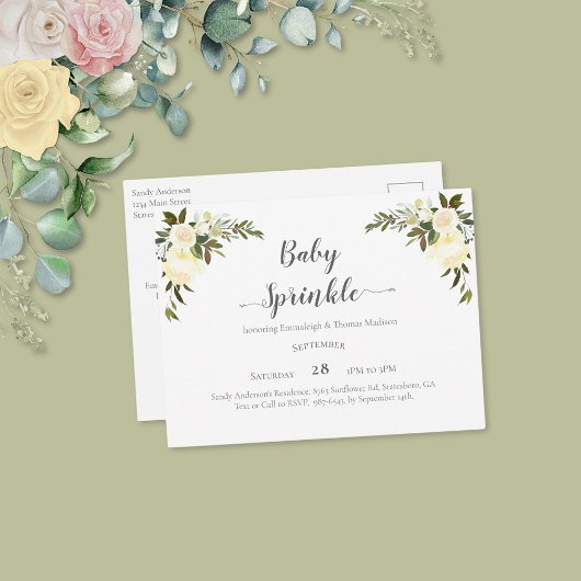 Elegant Baby Sprinkle White Roses Briefkaart