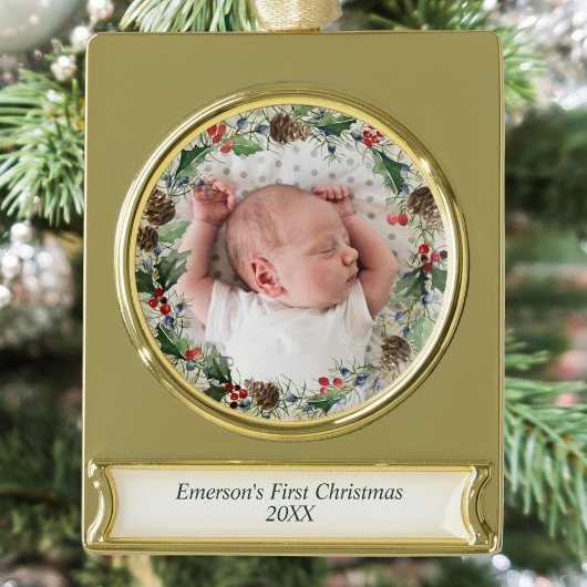 Elegant Baby's eerste kerstfoto Wreath Verguld Banner Ornament