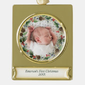 Elegant Baby's eerste kerstfoto Wreath Verguld Banner Ornament (Voorkant)