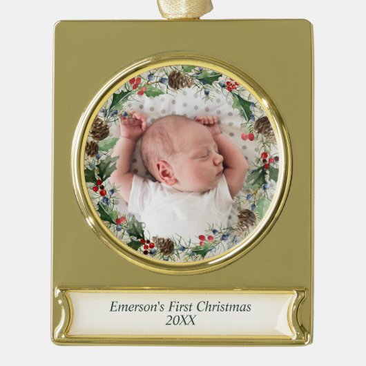Elegant Baby's eerste kerstfoto Wreath Verguld Banner Ornament (Voorkant)