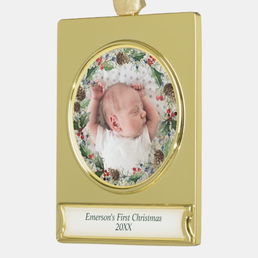 Elegant Baby's eerste kerstfoto Wreath Verguld Banner Ornament (Links)