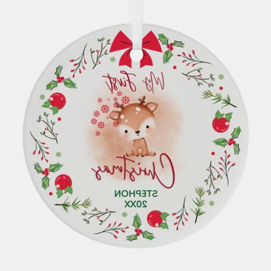 Elegant Baby's Eerste Kerstmis met Naam Glas Ornament (Achterkant)