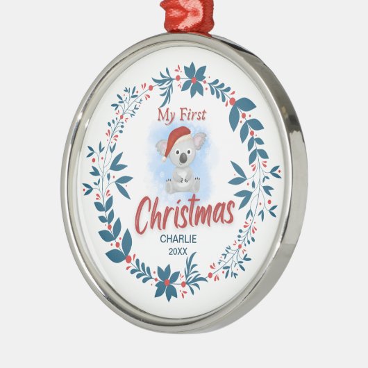 Elegant Baby's Eerste Kerstmis met Naam Metalen Ornament (Links)