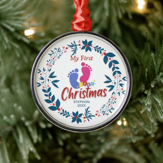 Elegant Baby's Eerste Kerstmis met Naam Metalen Ornament (Boom)