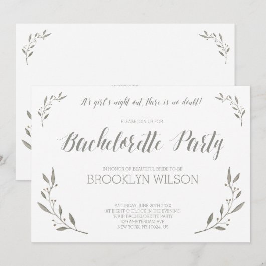 Elegant Bachelorette Party nodigt grijze Floral ui Kaart (Voorkant / Achterkant)