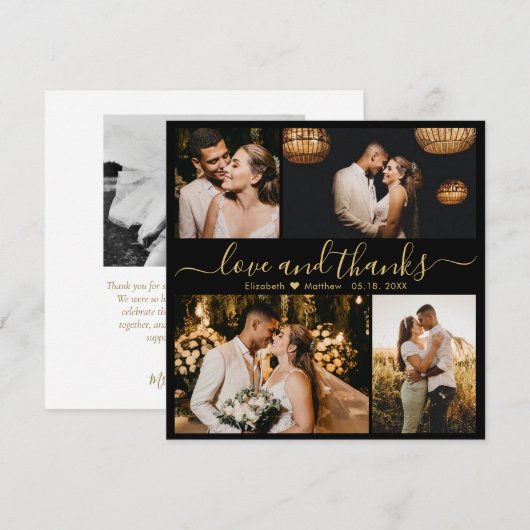 Elegant Back Gold Script Photo Collage Wedding Bedankkaart (Voorkant / Achterkant)