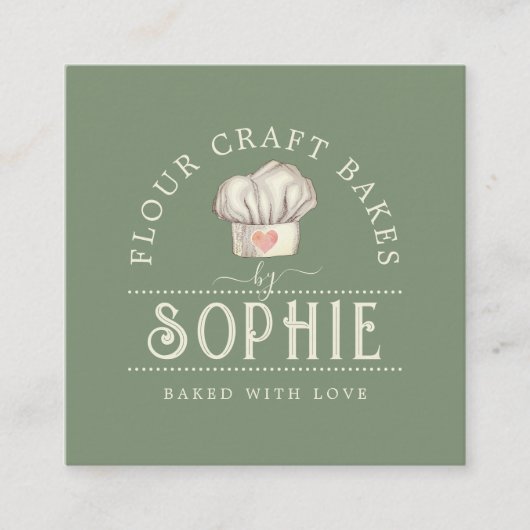 Elegant Baker's Pastry Chef Logo Cream Sage Green Vierkante Visitekaartje (Voorkant)