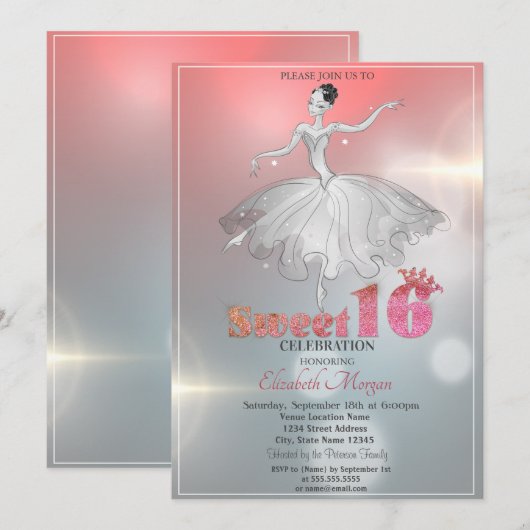 Elegant Ballerina, Glitter Sweet 16 Kaart (Voorkant / Achterkant)