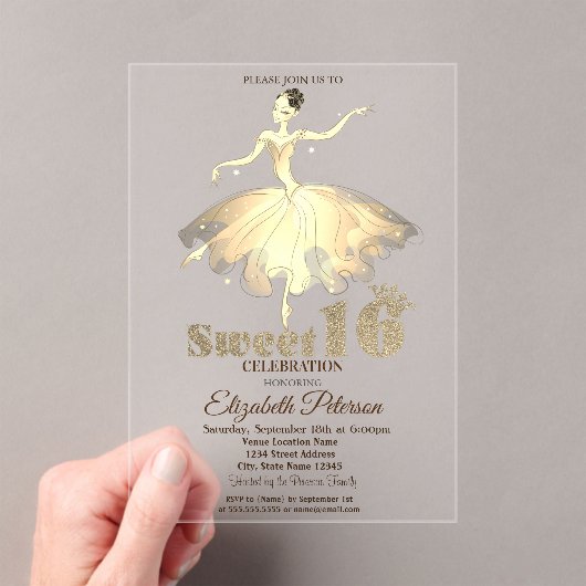 Elegant Ballerina Gold Glitter Bokeh Sweet 16 Acryl Uitnodigingen (Insitu (Draagbaar))