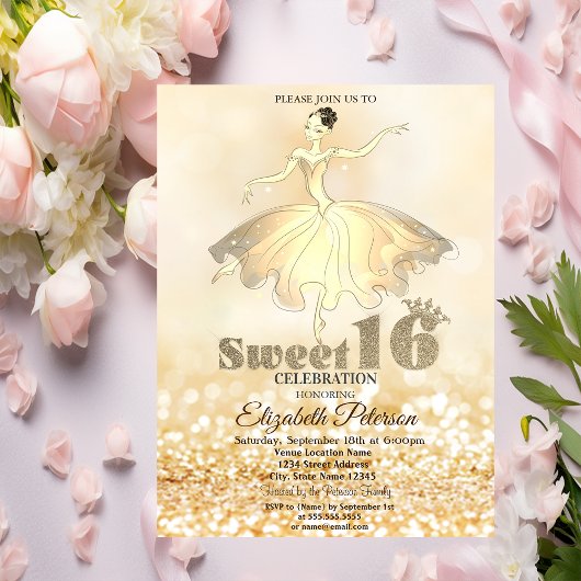Elegant Ballerina Gold Glitter Bokeh Sweet 16 Kaart