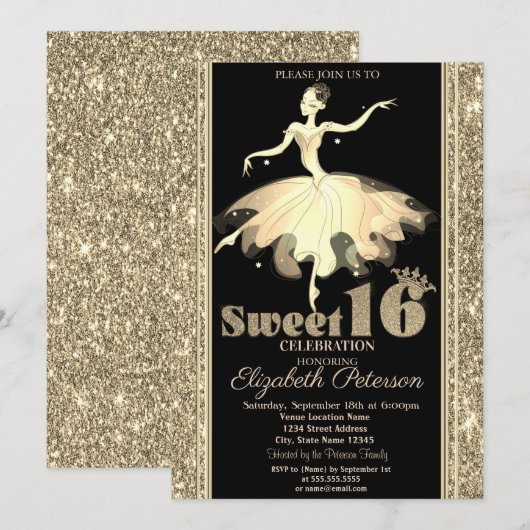 Elegant Ballerina Gold Glitter Sweet 16 Kaart (Voorkant / Achterkant)