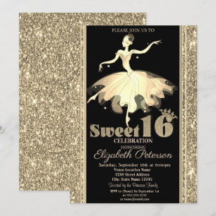 Elegant Ballerina Gold Glitter Sweet 16 Kaart