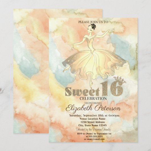 Elegant Ballerina Waterverf Splash Sweet 16 Kaart (Voorkant / Achterkant)