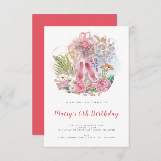 Elegant Ballet Pumps Roze Meisje 6e Verjaardagsfee Kaart (Voorkant / Achterkant)