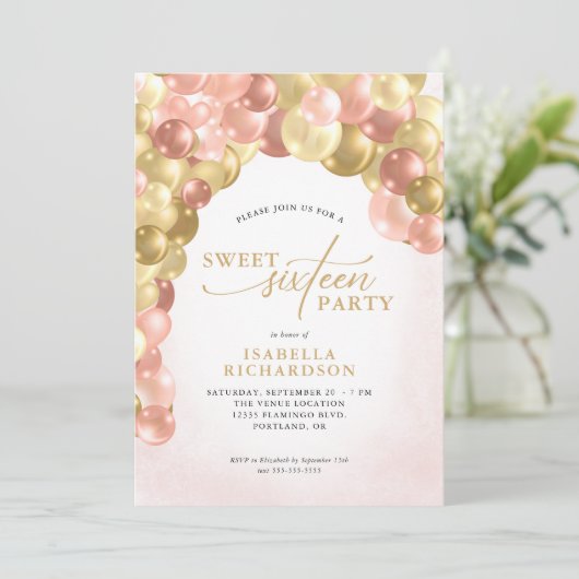 Elegant Ballon Arch Pink and Gold Sweet 16 Party Kaart (Staand voorkant)
