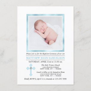 Elegant BAPTISM CHRISTENING Cross Blue Boy   FOTO Kaart
