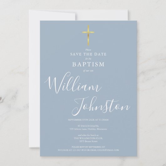 Elegant Baptism Christening Gold Cross Dusty Blue Save The Date (Voorkant)