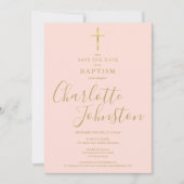 Elegant Baptism Christening Gold Script Blush Pink Save The Date (Voorkant)