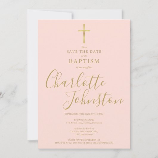 Elegant Baptism Christening Gold Script Blush Pink Save The Date (Voorkant)
