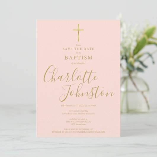 Elegant Baptism Christening Gold Script Blush Pink Save The Date (Staand voorkant)