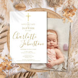 Elegant Baptism Christening Gold Signature Foto Save The Date<br><div class="desc">Elegant baptism christening gold signatuur save the date nodiging met een elegant golden script signature name. Pas uw speciale baptisme- of christinginformatie aan in de tekst met goudletters en foto aan de achterkant. Ontworpen door: Thisnotme©</div>