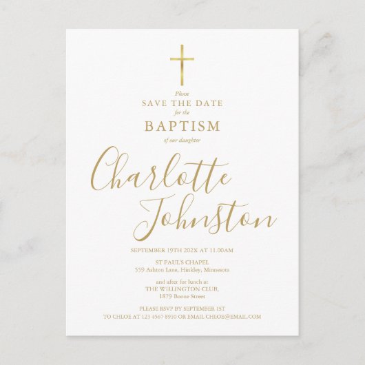 Elegant Baptism Christening Gold Signature Script Aankondigingskaart (Voorkant)