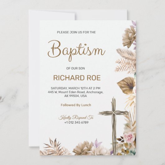 Elegant baptism invitation featuring floral accent kaart (Voorkant)