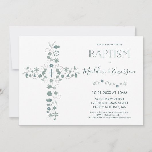 Elegant Baptism Invitation - Floral Cross Kaart (Voorkant)