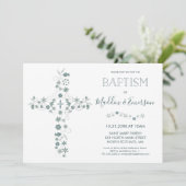 Elegant Baptism Invitation - Floral Cross Kaart (Staand voorkant)