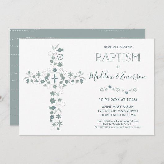 Elegant Baptism Invitation - Floral Cross Kaart (Voorkant / Achterkant)