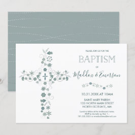 Elegant Baptism Invitation - Floral Cross Kaart