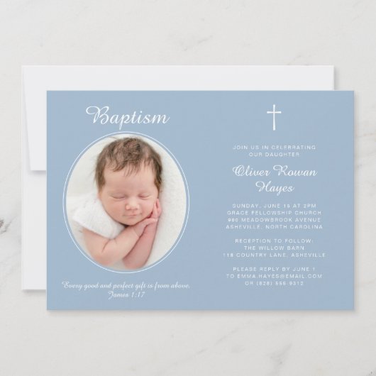 Elegant Baptism Religious Cross Photo Dusty Blue Kaart (Voorkant)