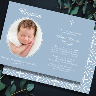 Elegant Baptism Religious Cross Photo Dusty Blue Kaart