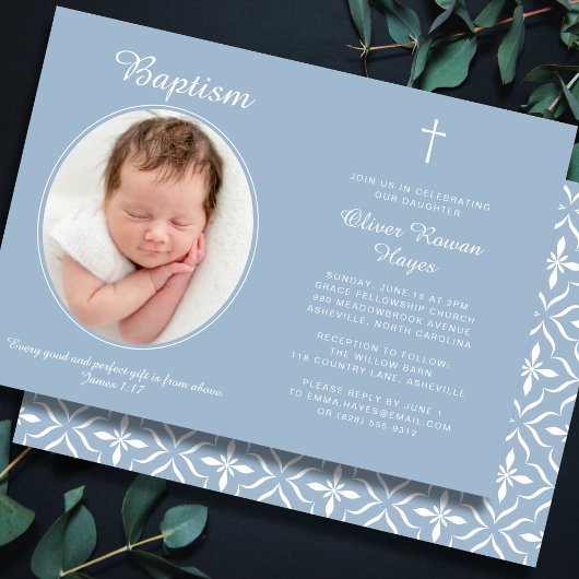 Elegant Baptism Religious Cross Photo Dusty Blue Kaart
