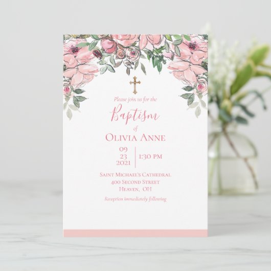 Elegant Baptism Roze Floral Name Kaart (Staand voorkant)