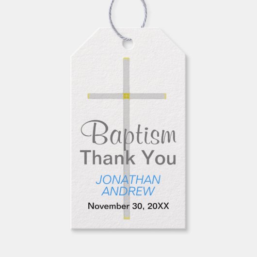 Elegant Baptism Silver Cross Blue Hartelijk dank Cadeaulabel (Voorkant)