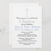 Elegant Baptism Silver Cross Blue Triplets Kaart (Voorkant / Achterkant)