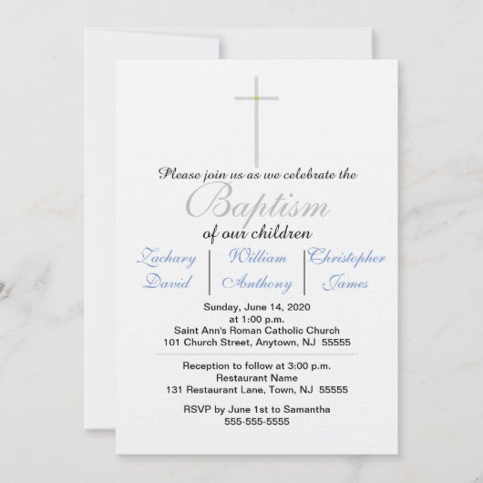 Elegant Baptism Silver Cross Blue Triplets Kaart (Voorkant)