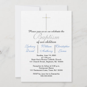 Elegant Baptism Silver Cross Blue Triplets Kaart