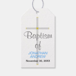 Elegant Baptisme van naam Silver Cross Blue Cadeaulabel