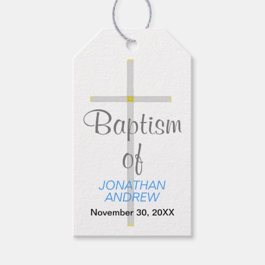 Elegant Baptisme van naam Silver Cross Blue Cadeaulabel (Voorkant)